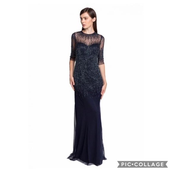 Adrianna Papell beaded 3/4 sleeves illusion sweetheart neck long gown - Picture 8 of 15